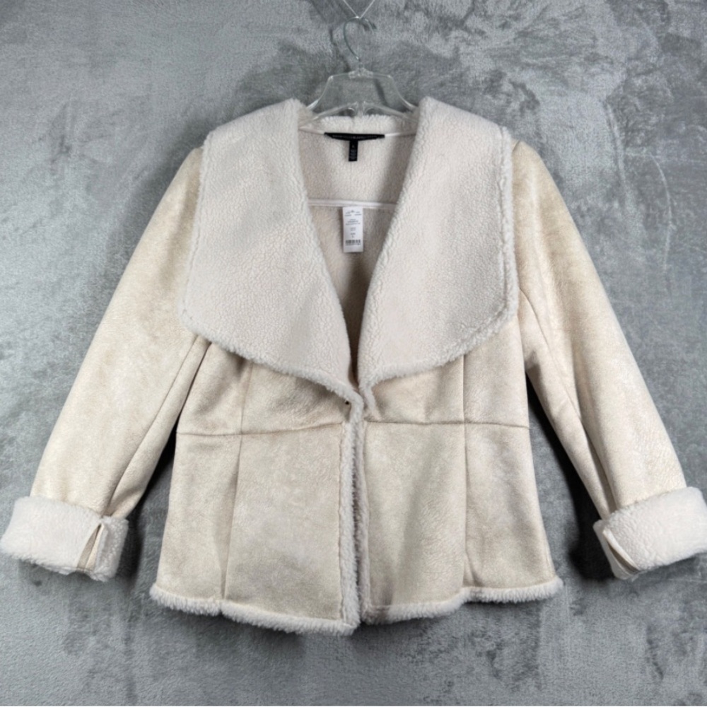 White House Black Market Jacket Women L Neutral Faux Shearling Drape Coat Winter - Picture 2 of 7